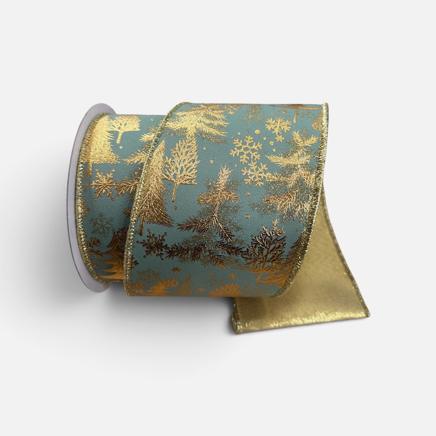 4" x 10 Yd Sage Green & Gold Foil Christmas Tree Deluxe Wired Ribbon Craig Bachman
