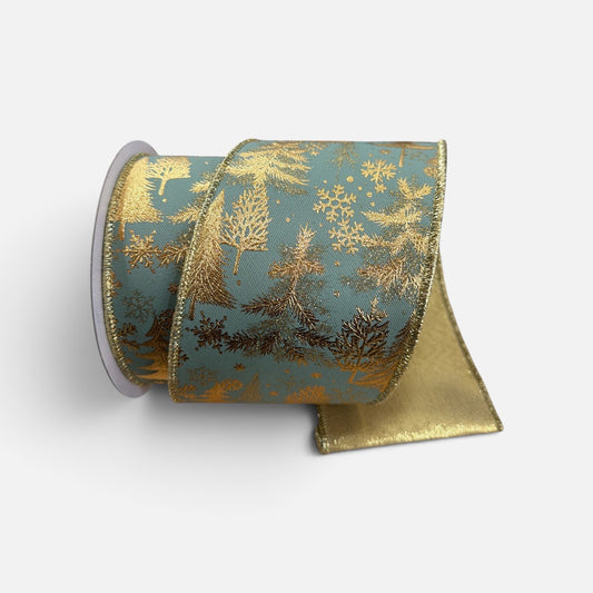4" x 10 Yd Sage Green & Gold Foil Christmas Tree Deluxe Wired Ribbon Craig Bachman