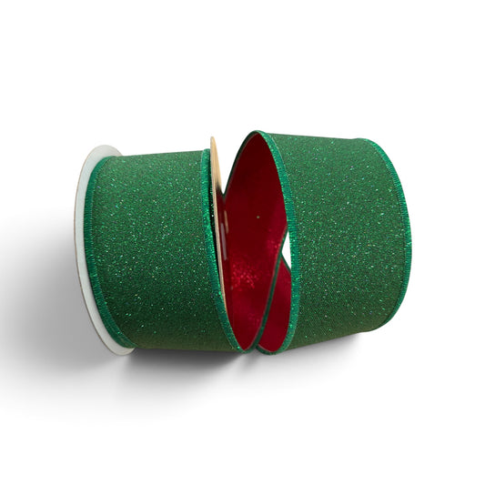 2.5" Fine Glitter Emerald Green & Red Wired Christmas Ribbon | 10 Yard Roll Craig Bachman