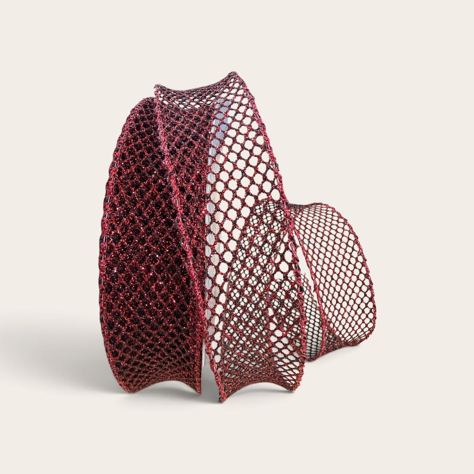 1.5 inch red and black glitter grand net wired edge ribbon roll for wreath making, bows, floral arrangements, Christmas decorating, Halloween décor, and DIY crafts.