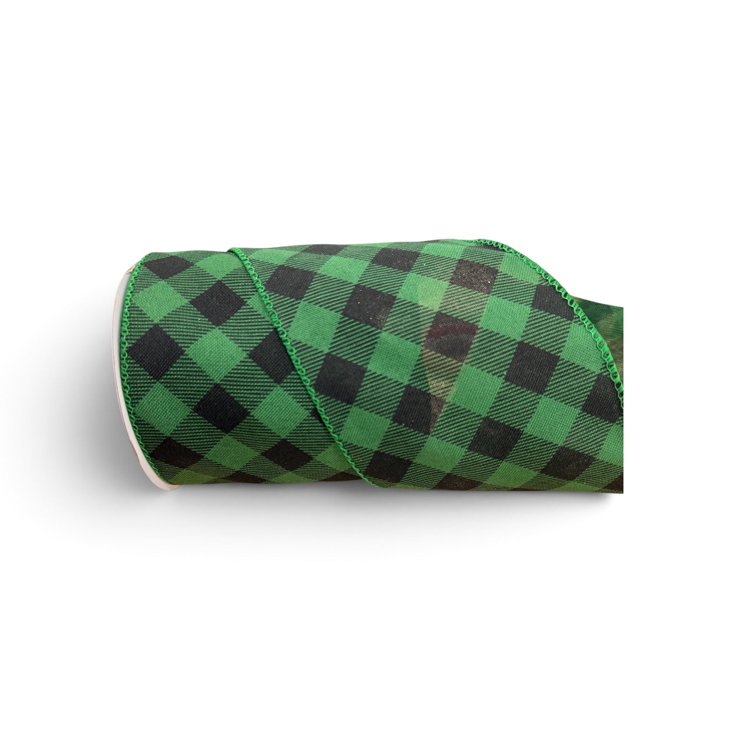 4 inch green and black diagonal buffalo check plaid wired edge ribbon for wreath making, Christmas decorating, farmhouse bows, floral arrangements, gift wrapping, and DIY crafts.