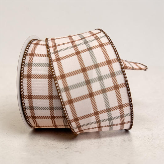 A roll of 2.5-inch wide wired designer ribbon featuring a cream background with a classic plaid pattern in warm brown and soft sage green. The ribbon is shown partially unrolled to display its woven texture and wired edges for shaping decorative bows.