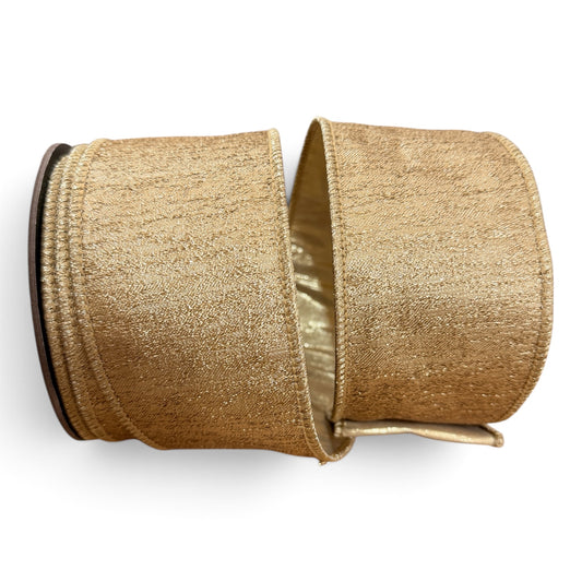 D. Stevens 2.5 inch Iced Metallic Aurora Gold wired designer ribbon with textured shimmering gold finish on a 10-yard roll.