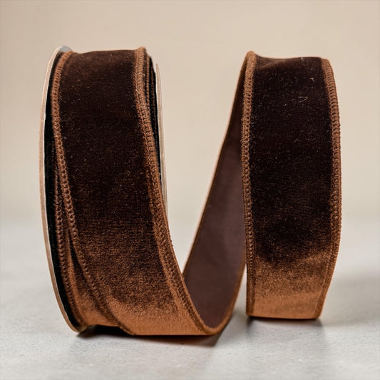 D. Stevens 1.5 inch chocolate brown velvet wired designer ribbon with matching brown Dupion backing on a 10-yard roll.