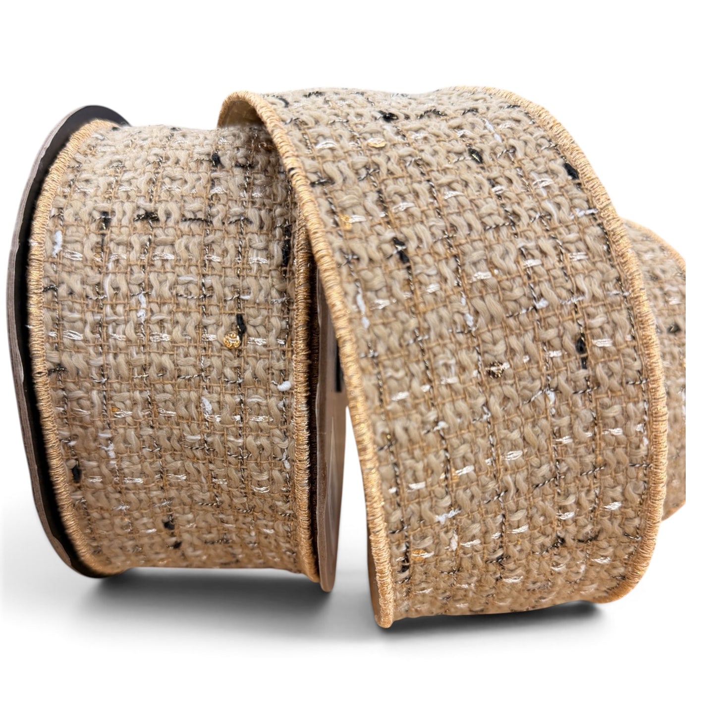 D. Stevens 2.5 inch Park Avenue bouclé sequin wired designer ribbon in beige and black with metallic accents, textured woven surface and beige backing on a 10-yard roll.