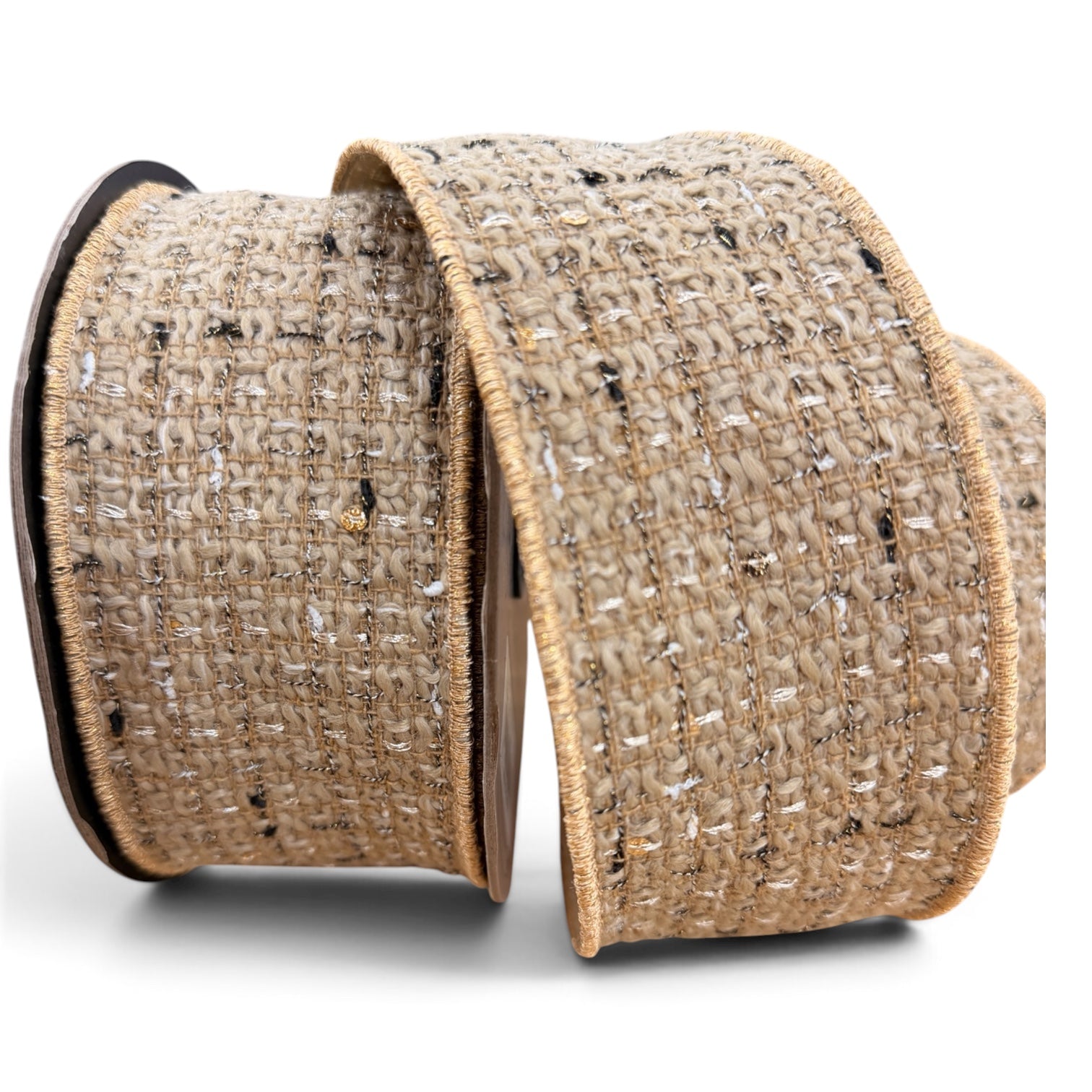 D. Stevens 2.5 inch Park Avenue bouclé sequin wired designer ribbon in beige and black with metallic accents, textured woven surface and beige backing on a 10-yard roll.