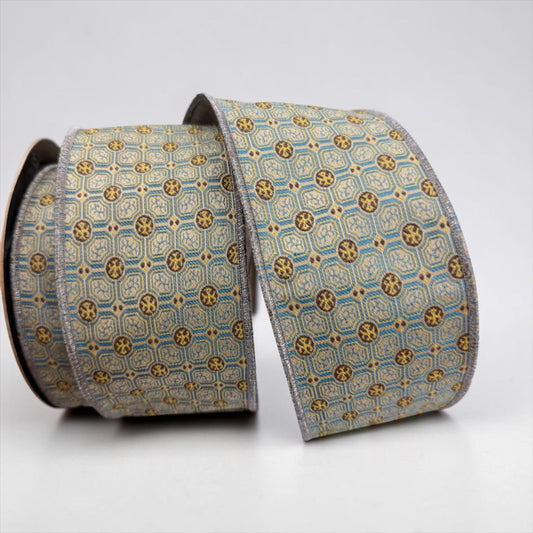 D. Stevens 2.5 inch Jacquard Cravat Blade wired designer ribbon with geometric blue, brown, beige and gold-toned medallion pattern and grey backing on a 10-yard roll.
