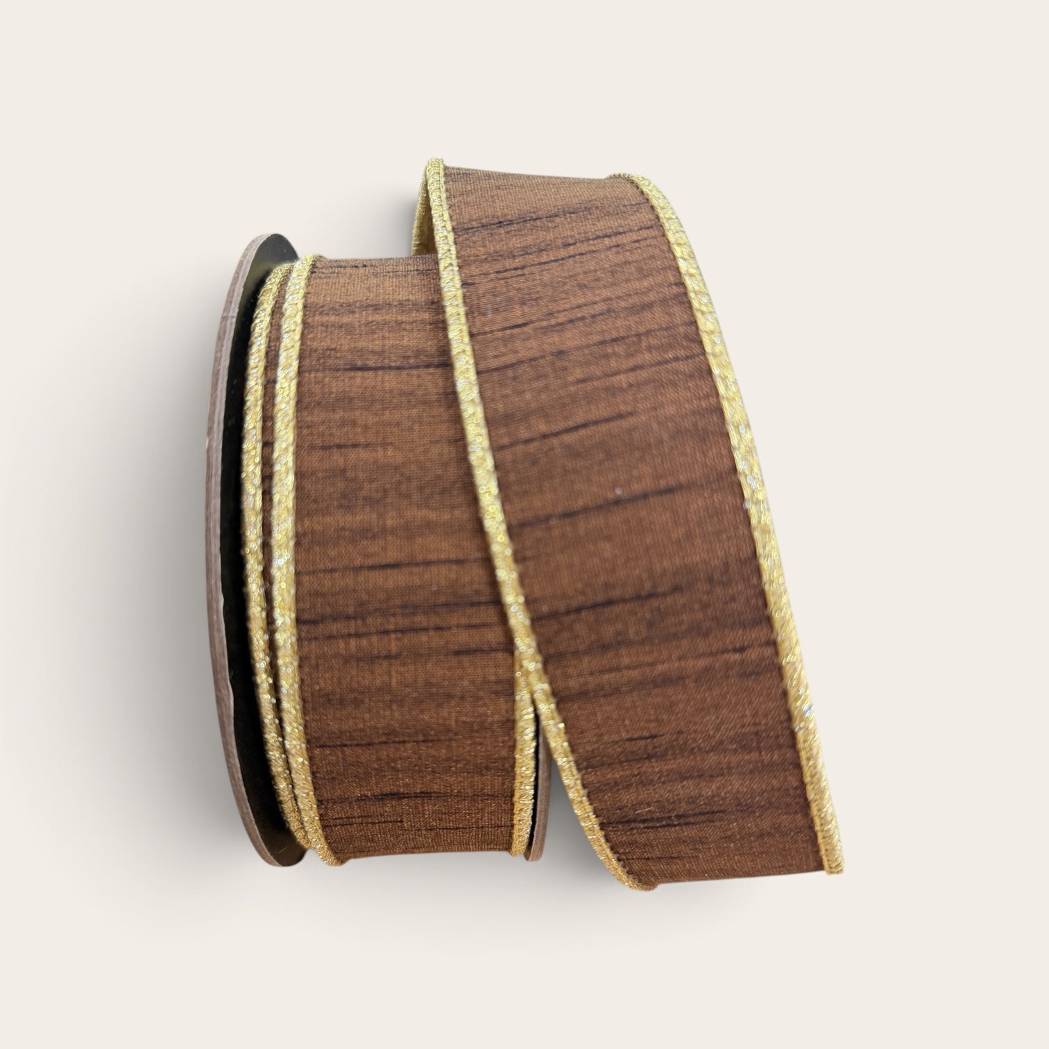 1.5 inch D. Stevens walnut brown slub dupioni wired designer ribbon with metallic gold backing, 10 yards