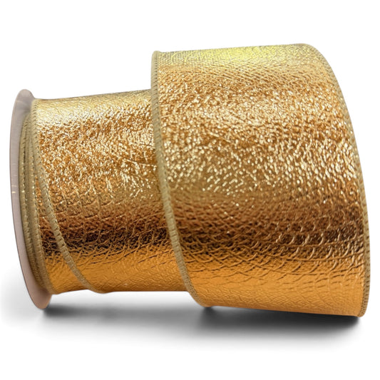 2.5 inch x 10 yard gold Scale Fused Glimmer wired ribbon with textured metallic finish