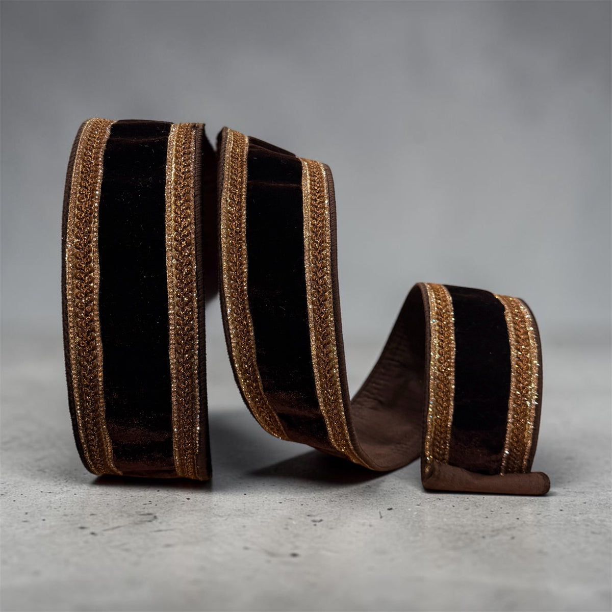 D. Stevens 2.5 inch chocolate brown velvet wired ribbon with glitter bronze trim, 10 yard roll