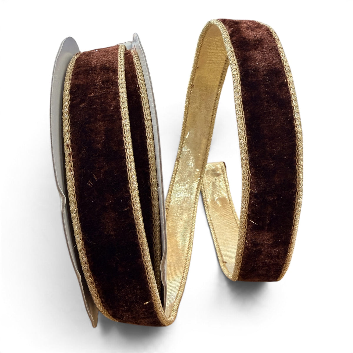 Deluxe chocolate brown velvet designer ribbon, 1 inch wide by 10 yards long, featuring metallic gold dupioni backing and decorative gold edges, displayed in elegant flowing loops.