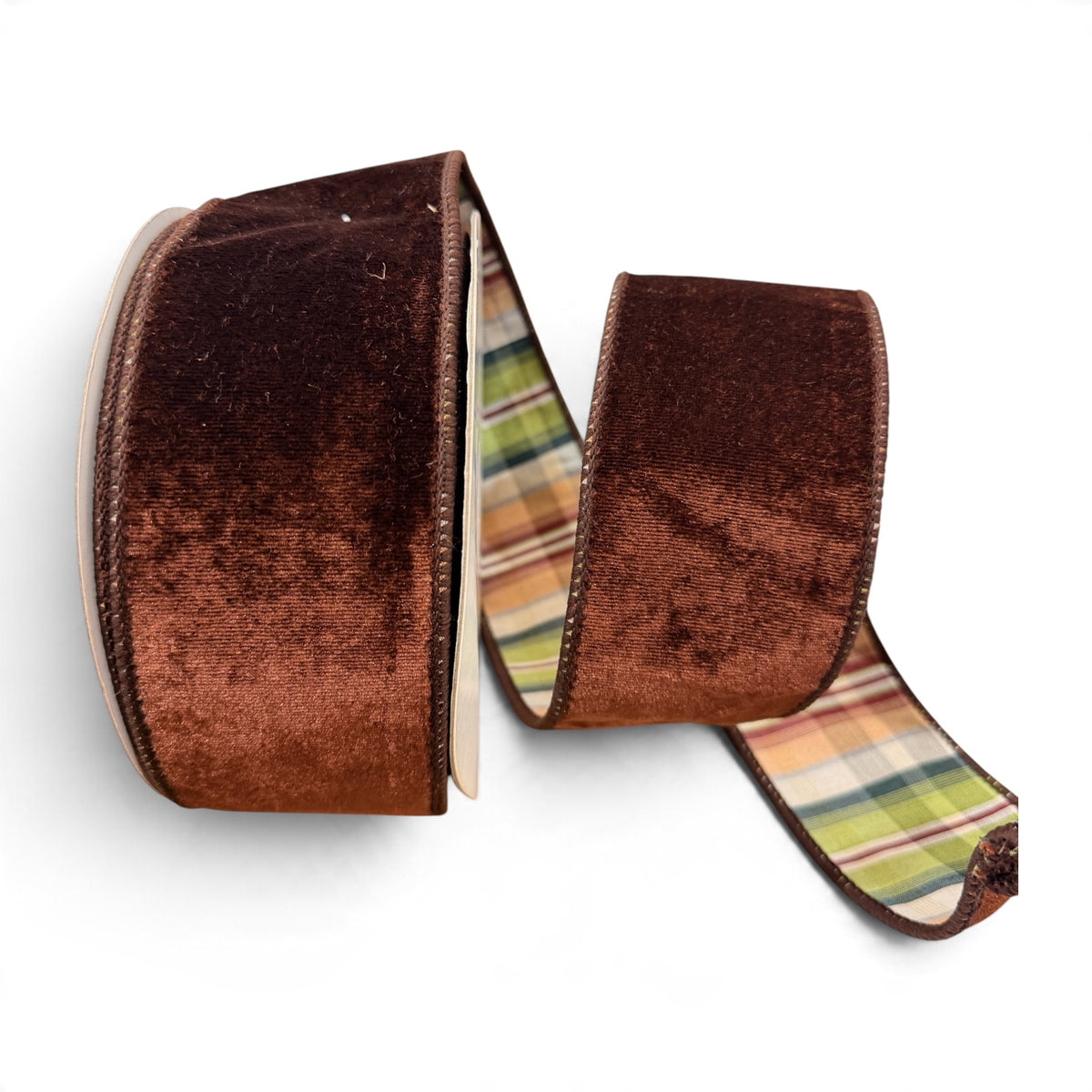 Deluxe Chocolate Brown Velvet Ribbon with Hunting Plaid Backing – Double Fused Designer Ribbon Regency