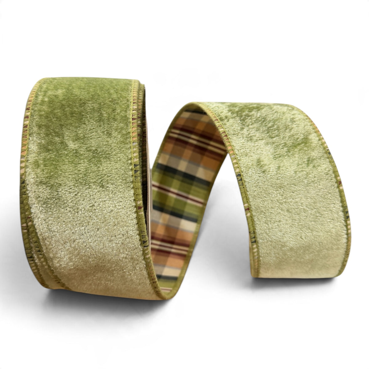 Deluxe Olive Green Velvet Ribbon With Hunting Plaid Backing – Double Fused Designer Ribbon Regency