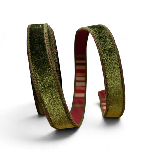 1.5" x 10 Yards Deluxe Olive Green Velvet Ribbon with Burgundy Plaid Backing – Double Fused Designer Ribbon Regency