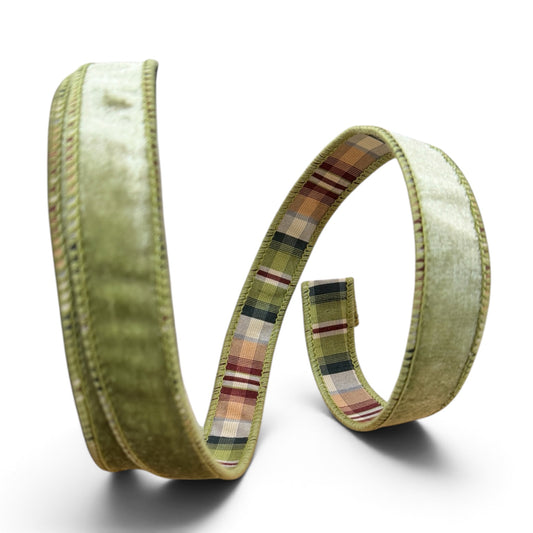 1" x 10 Yards Deluxe Sage Green Velvet Ribbon With Hunting Plaid Backing – Designer Ribbon Regency