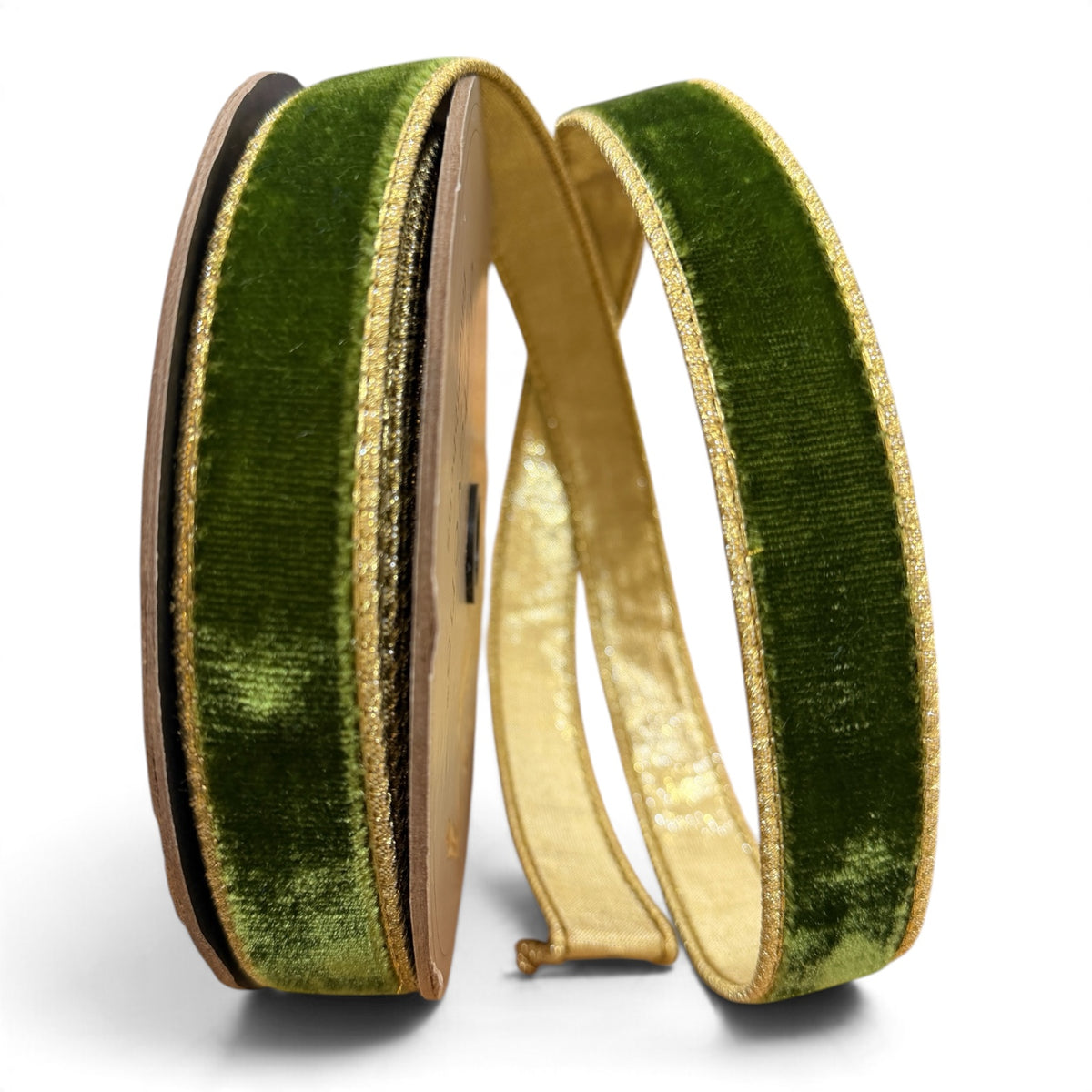 1" x 10 Yards Deluxe Forest Green Lush Velvet Ribbon With Metallic Light Gold Backing – Designer Ribbon DStevens