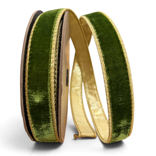 1" x 10 Yards Deluxe Forest Green Lush Velvet Ribbon With Metallic Light Gold Backing – Designer Ribbon DStevens
