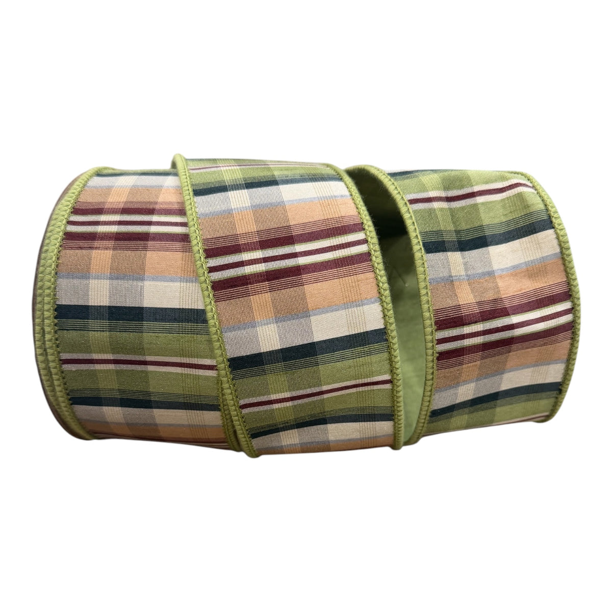 2.5-inch x 10-yard sage green and burgundy plaid designer ribbon roll featuring olive, tan, cream, and deep blue-green stripes with coordinating sage green stitched edges.