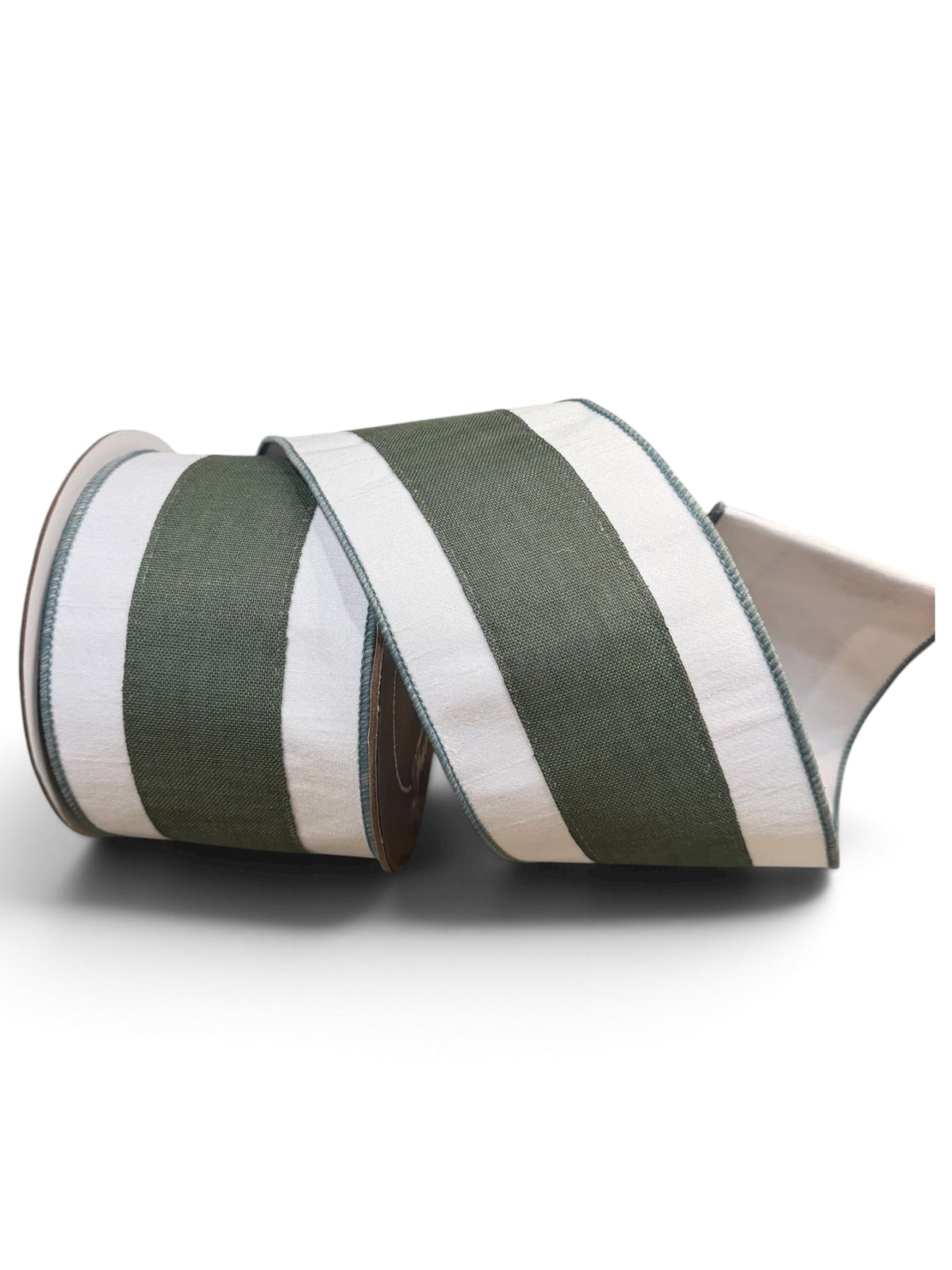 4-inch x 10-yard forest green and ivory wide-striped designer ribbon roll featuring alternating muted green and cream stripes with coordinating green stitched edges.