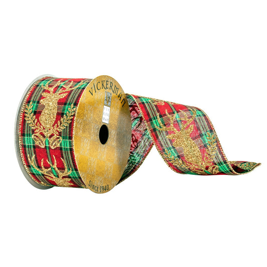 2.5in x 10yd GOLD Glitter Deer on RED/GREEN Ribbon