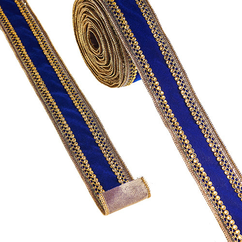 2.5 inch X 10 yard Jeweled Velvet BLUE/GOLD