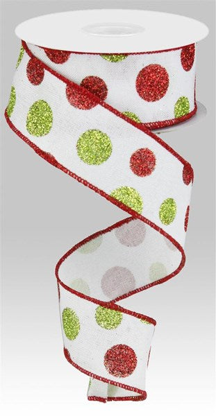 1.5 inch X 10 Yards Glitter Dot RED/GREEN on White