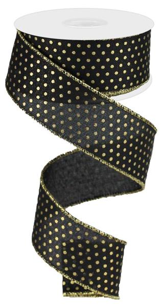 1.5inx10yd Royal Swiss Dot GOLD on BLACK