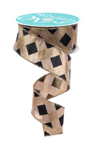 1.5inx10yd Giltter Diamond Check GOLD/BLK