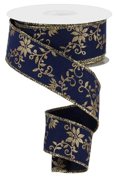 1.5inx10yd Ponsettia Swirl Ribbon NAVY/GOLD