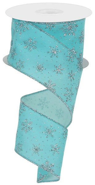 2.5 inch X 10 yard Velvet SILVER Snowflakes on ICE BLUE