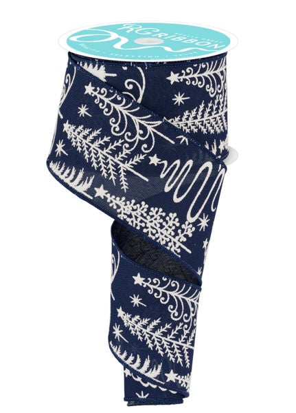2.5inx10yd Trees on Faux Royal Burlap NAVY/WH