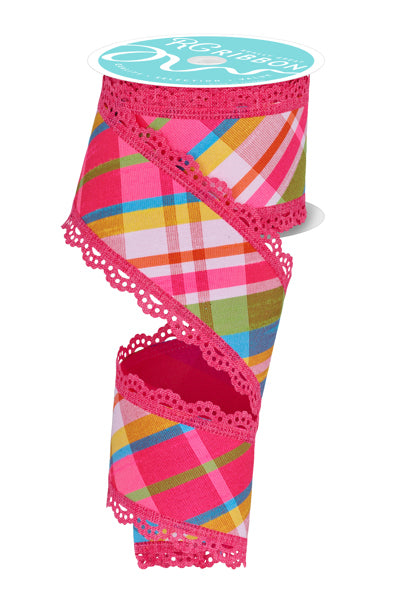 2.5inx10yd Diag Plaid Fused w/Lace PINK BACK