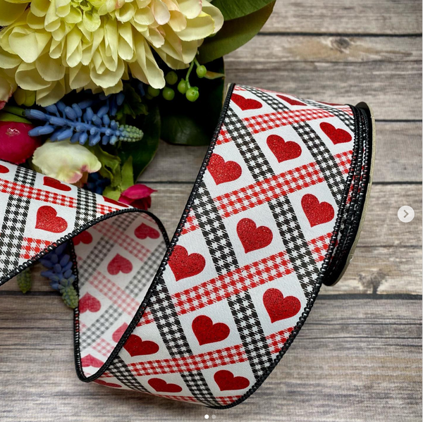 2.5 Black & White Gingham Metallic Heart Ribbon (10 Yards)