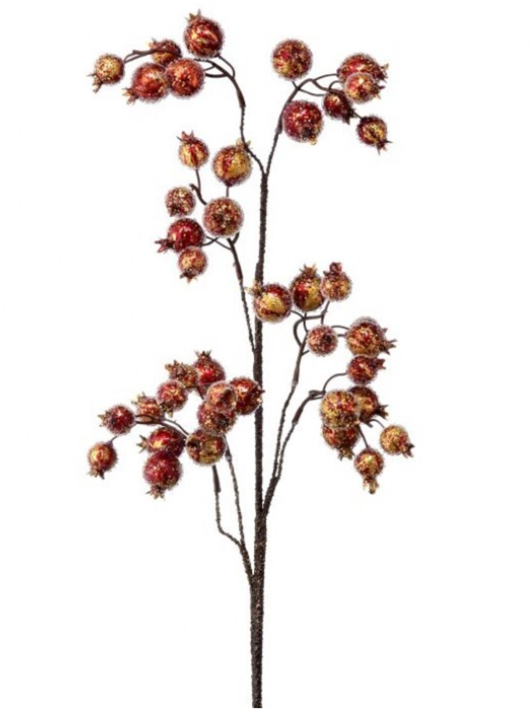 A 30-inch artificial decorative spray featuring clusters of small antique metallic pomegranates in shades of red, copper, bronze, and gold. The fruit has a lightly beaded, textured finish and is arranged on slender branching stems against a white background, creating an elegant accent for wreaths, floral arrangements, and seasonal home décor.