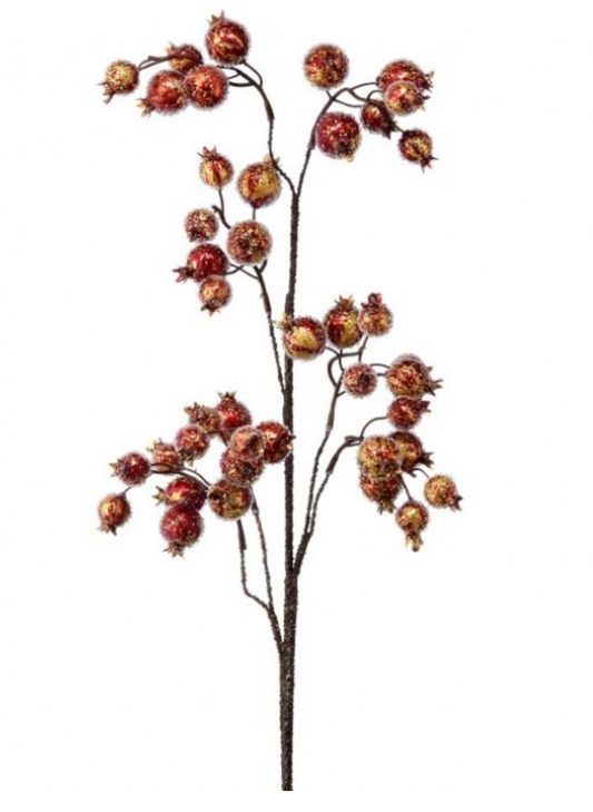 A 30-inch artificial decorative spray featuring clusters of small antique metallic pomegranates in shades of red, copper, bronze, and gold. The fruit has a lightly beaded, textured finish and is arranged on slender branching stems against a white background, creating an elegant accent for wreaths, floral arrangements, and seasonal home décor.