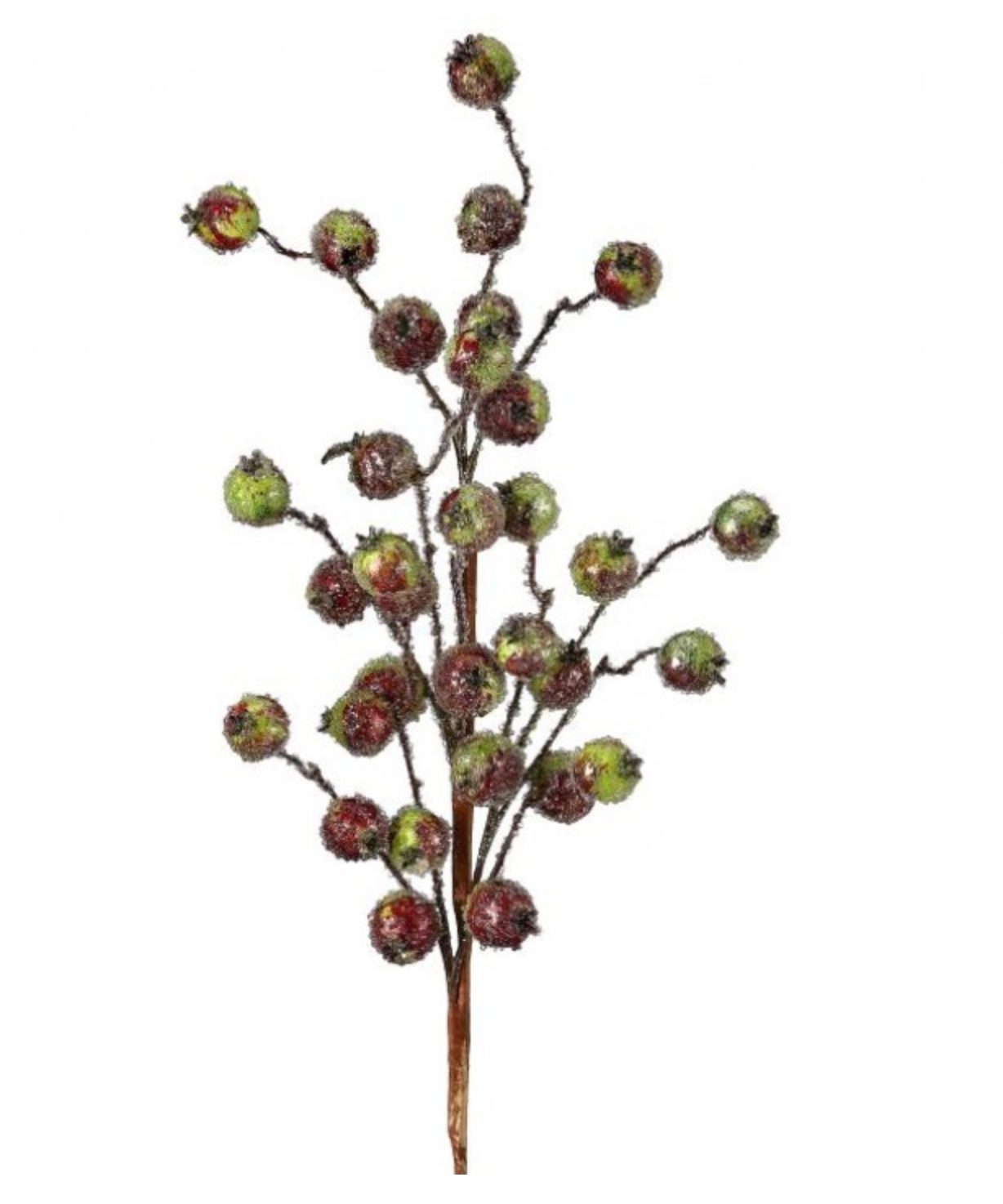 A 30-inch artificial decorative spray featuring clusters of small antique metallic pomegranates in shades of red, copper, bronze, and gold. The fruit has a lightly beaded, textured finish and is arranged on slender branching stems against a white background, creating an elegant accent for wreaths, floral arrangements, and seasonal home décor.