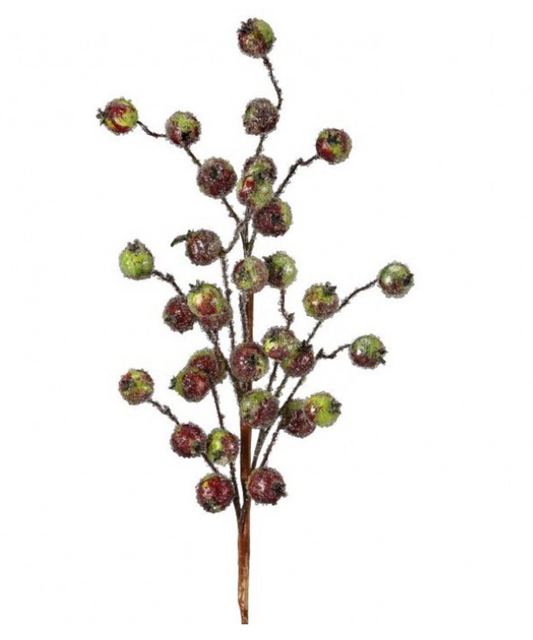A 30-inch artificial decorative spray featuring clusters of small antique metallic pomegranates in shades of red, copper, bronze, and gold. The fruit has a lightly beaded, textured finish and is arranged on slender branching stems against a white background, creating an elegant accent for wreaths, floral arrangements, and seasonal home décor.