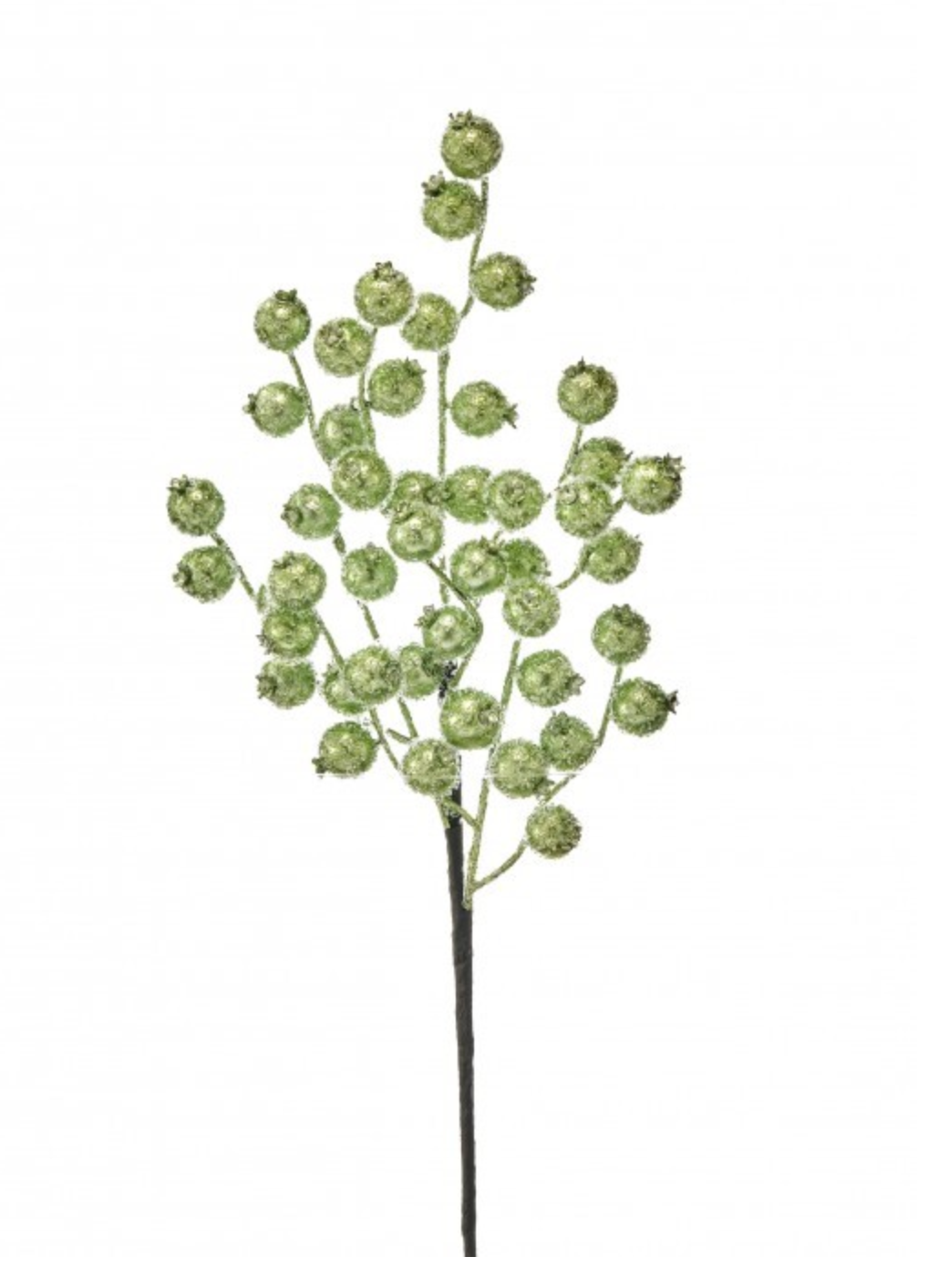 16-inch artificial green iced winter berry spray with clustered frosted berries on branching stems for Christmas wreaths and floral arrangements.