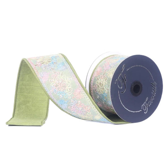5YD 2.5in Green Embroidered Farrisilk Ribbon