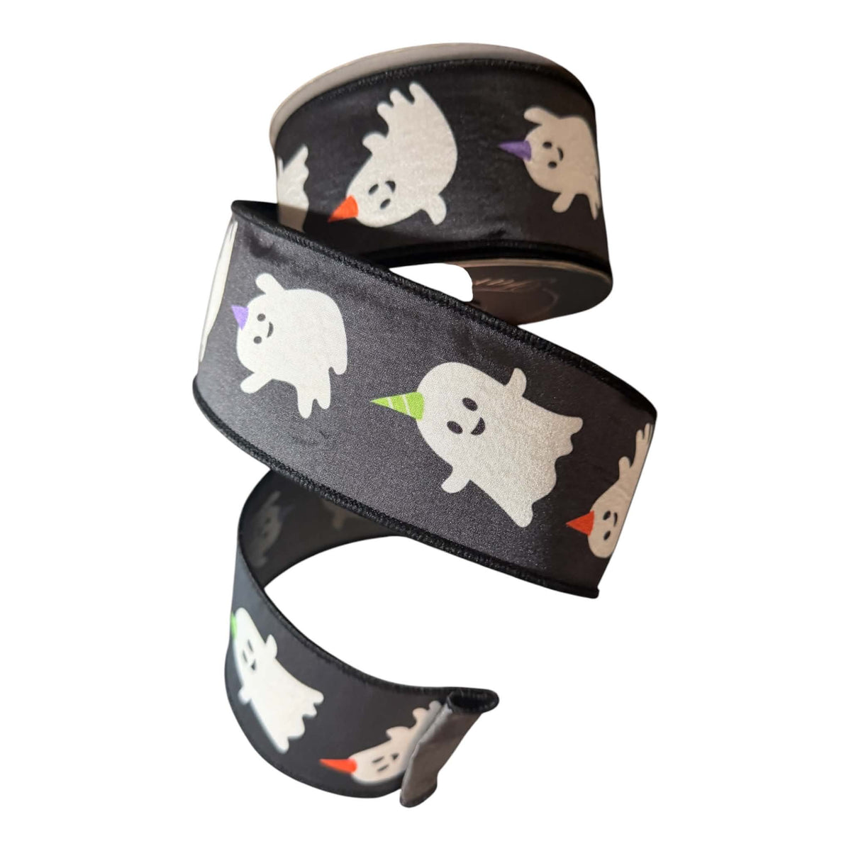 Farrisilk "Ghoul Party" 2.5-inch x 10-yard Halloween ribbon featuring whimsical white ghosts in colorful party hats on a glossy black satin ground with black stitched edges.