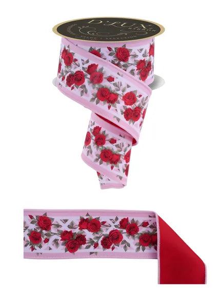 2.5inx10yd Red Roses Trimmed in Pink