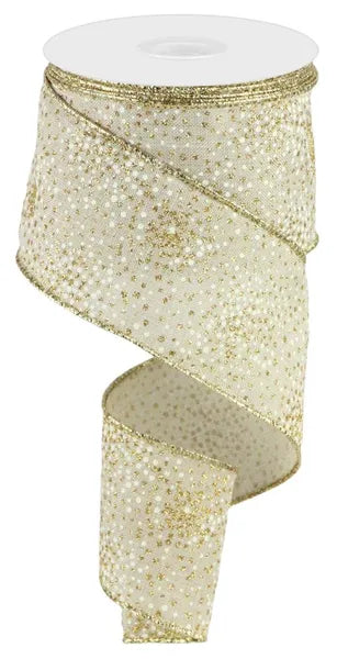 2.5inx10yd Glitter Dots / Royal Burlap GOLD/WHITE