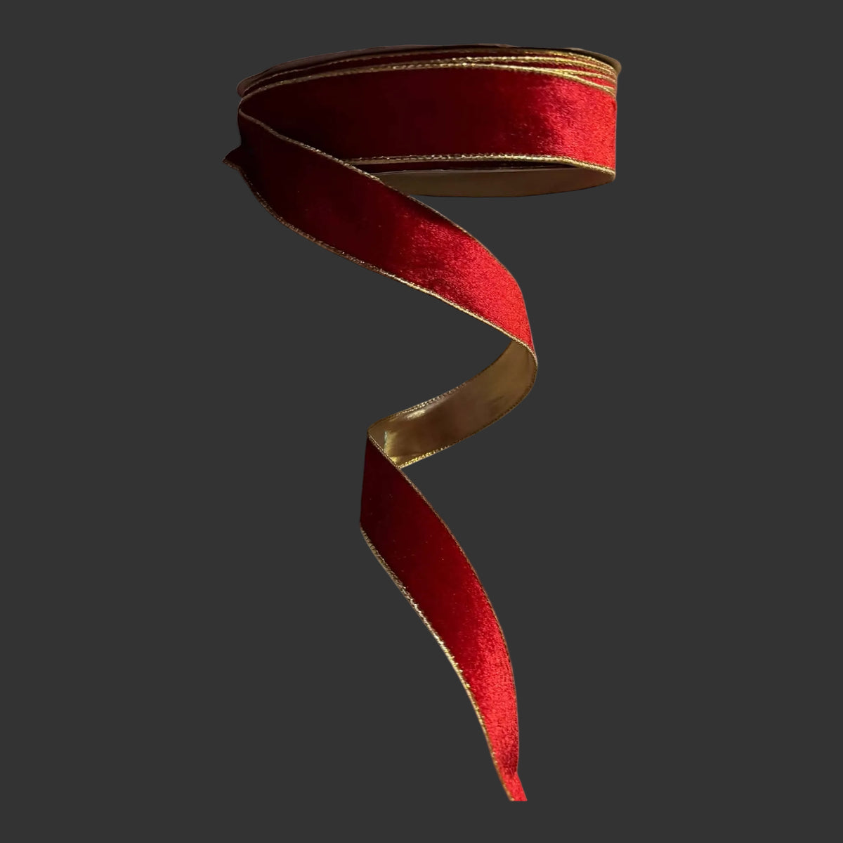 1.5-inch x 50-yard red velvet wired-edge ribbon featuring a plush crimson face, gold-trimmed stitched edges, and a glossy gold-toned reverse, shown formed into a soft curl.