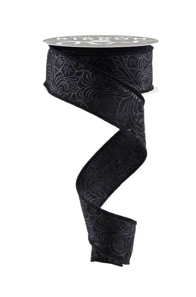 1.5inx10yd Black Floral Leaves Ribbon