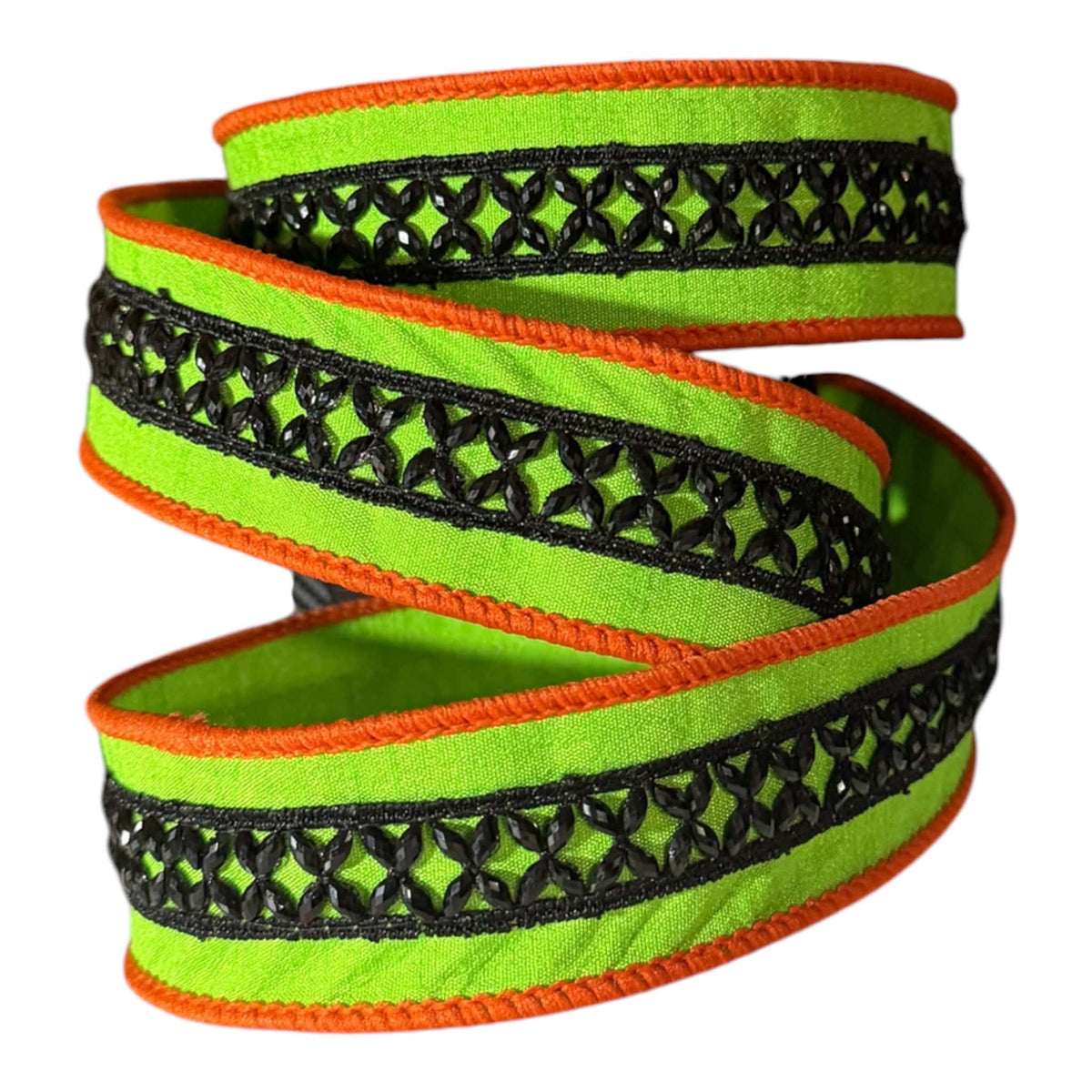 "Spooky Jewel" 1.5-inch x 5-yard Halloween ribbon featuring a neon-green ground, central black jeweled lattice band, and bright orange stitched edges.