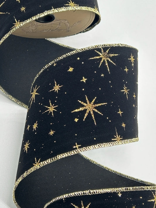 2.5inx10yd Gold Star on Black VELVET