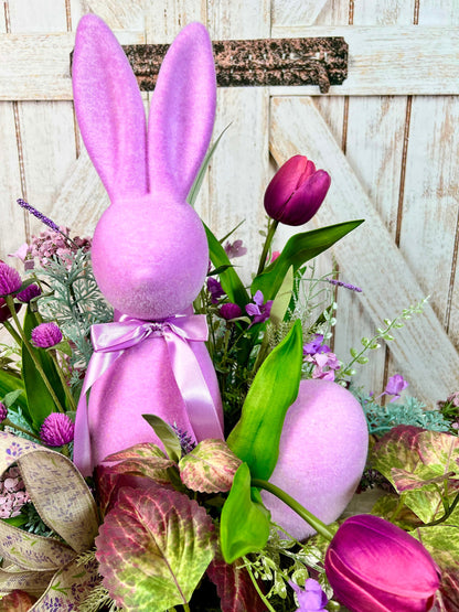 Easter Centerpiece with Flocked Bunny, Flocked Easter Bunny, Bunny Centerpiece, Easter Table Decor, Easter gift, Purple Easter Bunny,
