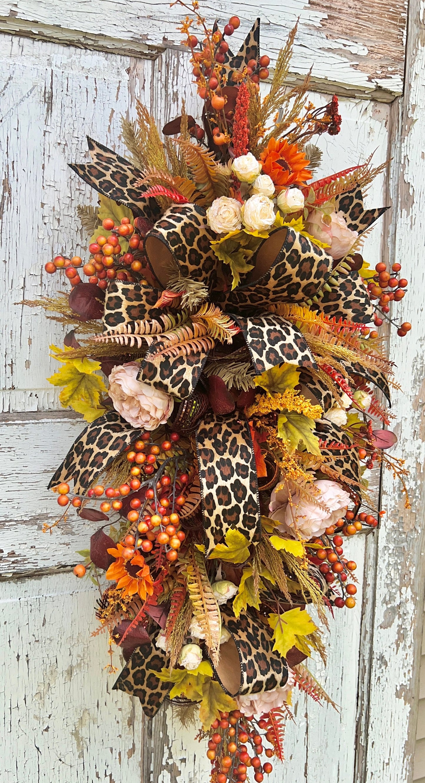 Handmade Fall Swag Wreath with Leopard Print Ribbon, Autumn Door Decor, Rustic Harvest Swag, Thanksgiving Front Door Wreath, Home Decor,