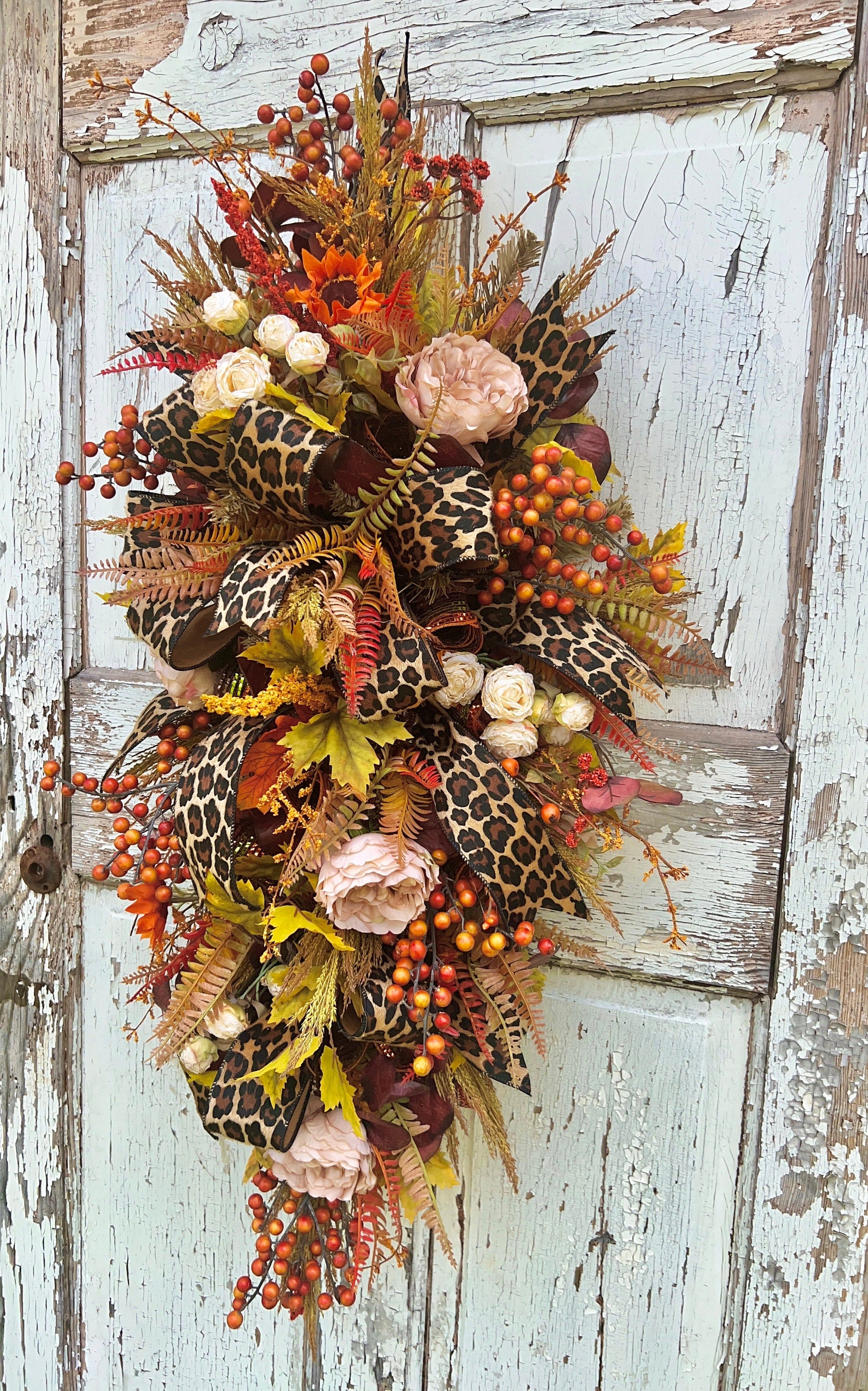 Handmade Fall Swag Wreath with Leopard Print Ribbon, Autumn Door Decor, Rustic Harvest Swag, Thanksgiving Front Door Wreath, Home Decor,