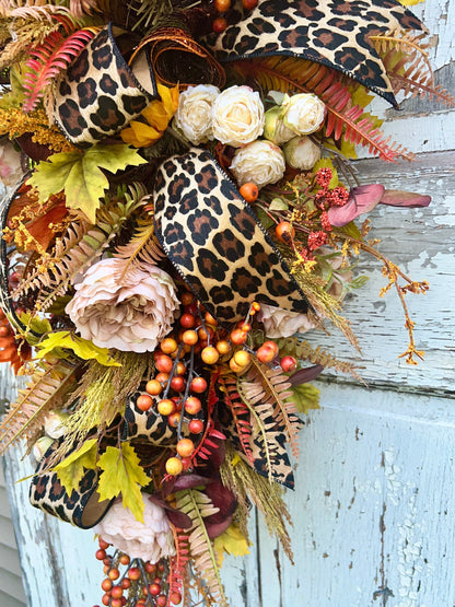 Handmade Fall Swag Wreath with Leopard Print Ribbon, Autumn Door Decor, Rustic Harvest Swag, Thanksgiving Front Door Wreath, Home Decor,